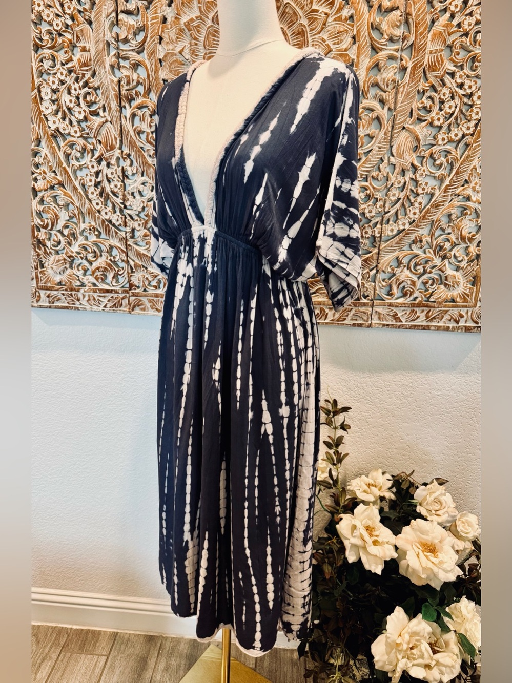 Raviya Navy & White Boho Tie-Dye Deep V Midi Dress/ Coverup, Lightweight - Picture 5 of 15